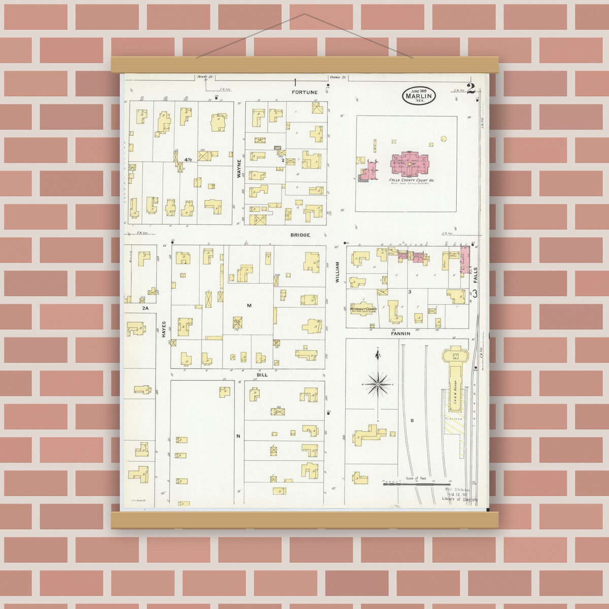 Old map wall art mockup — magnetic wood frame on brick wall — Sanborn Fire Insurance Map from Marlin, Falls County, Texas (1909), Sheet #0002