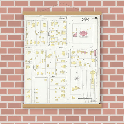 Old map wall art mockup — magnetic wood frame on brick wall — Sanborn Fire Insurance Map from Marlin, Falls County, Texas (1909), Sheet #0002