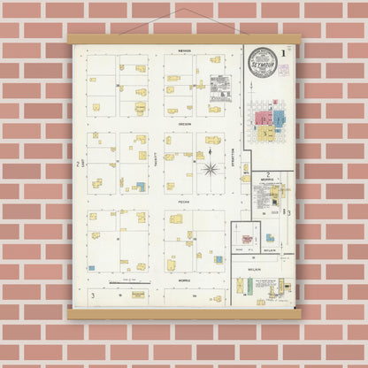 Old map wall art mockup — magnetic wood frame on brick wall — Sanborn Fire Insurance Map from Seymour, Baylor County, Texas (1904), Sheet #0001