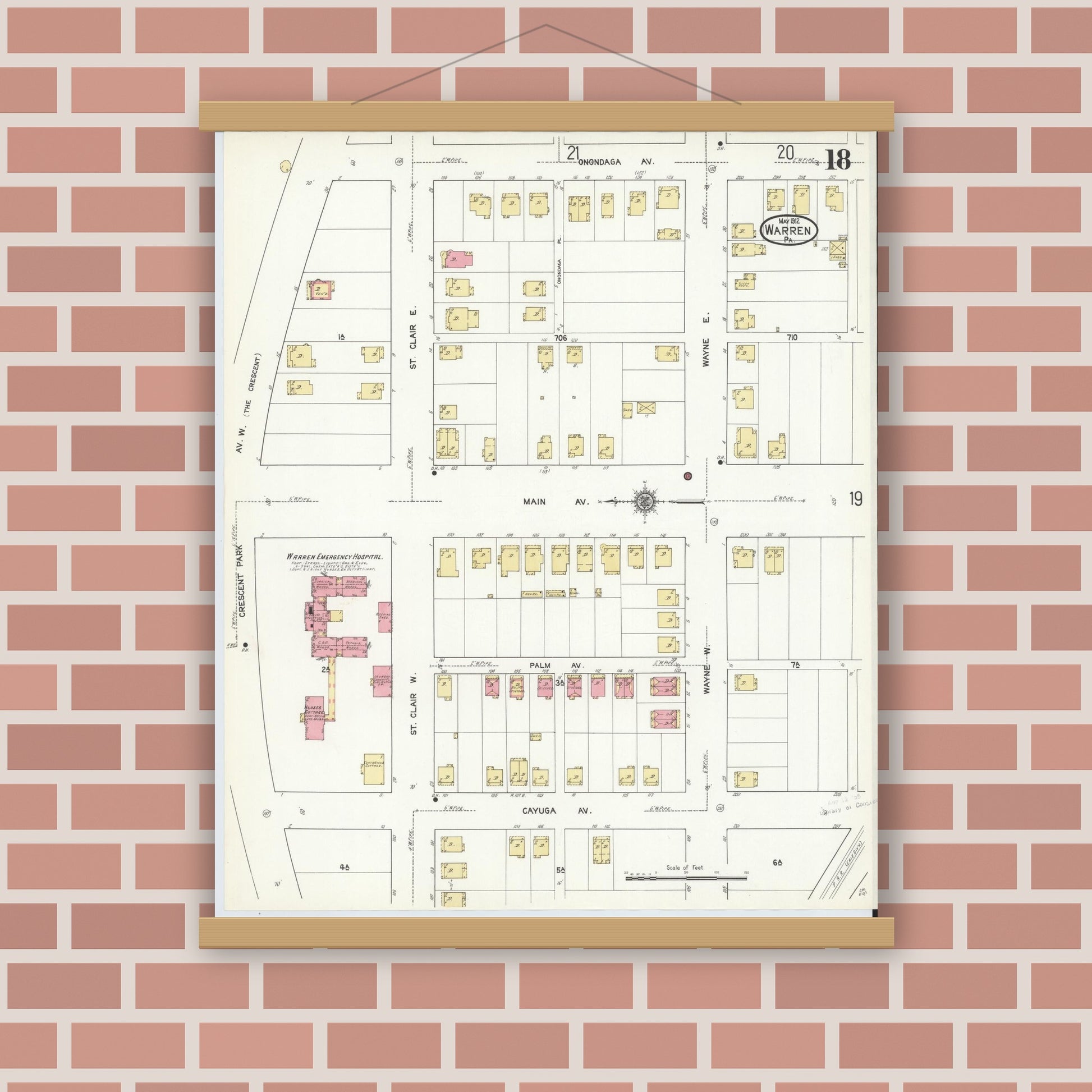 Old map wall art mockup — magnetic wood frame on brick wall — Sanborn Fire Insurance Map from Warren, Warren County, Pennsylvania (1912), Sheet #0018