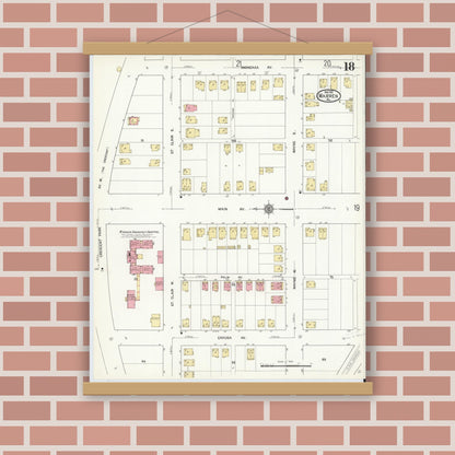 Old map wall art mockup — magnetic wood frame on brick wall — Sanborn Fire Insurance Map from Warren, Warren County, Pennsylvania (1912), Sheet #0018