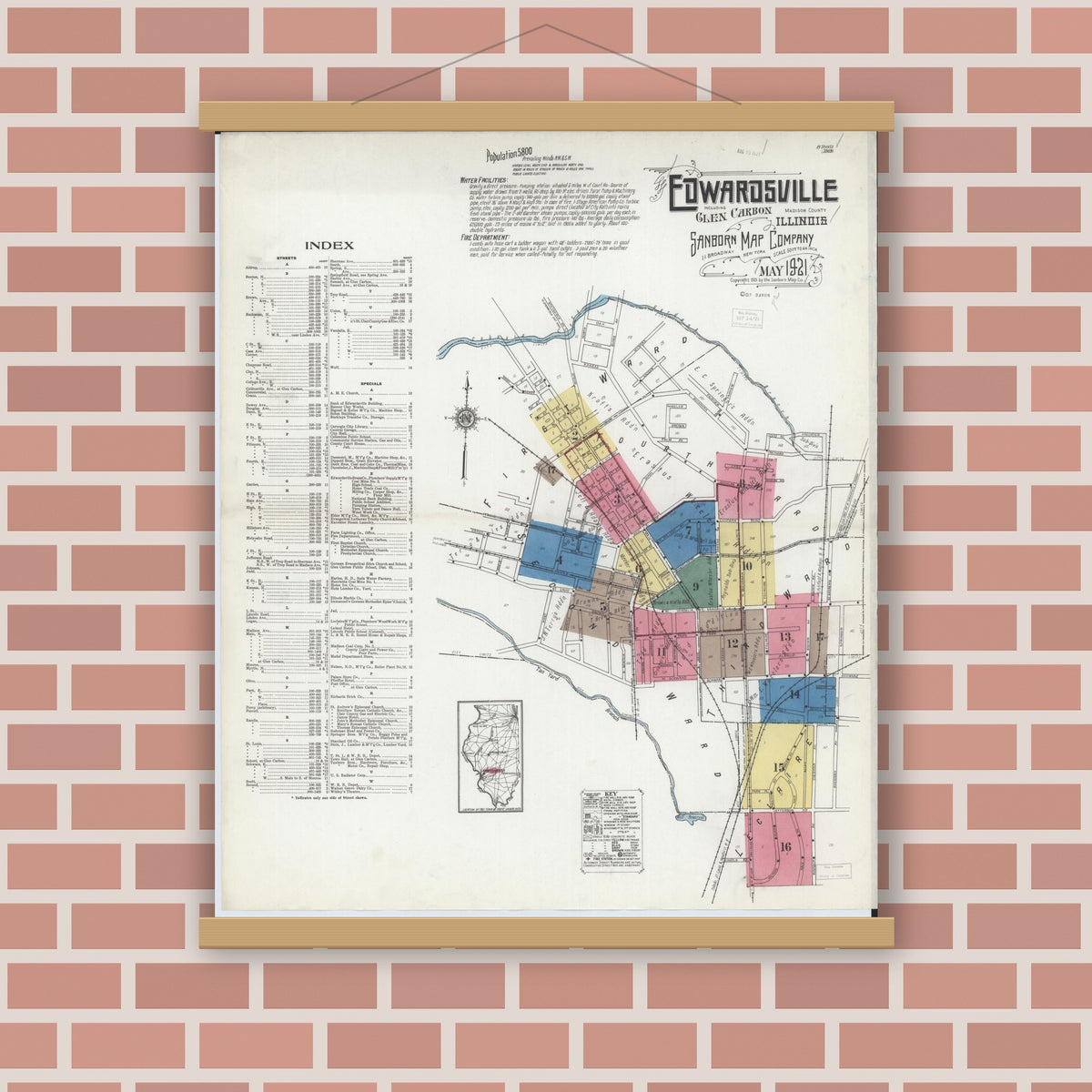 Old map wall art mockup — magnetic wood frame on brick wall — Sanborn Fire Insurance Map from Edwardsville, Madison County, Illinois (1921) - Complete Map Set