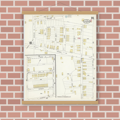 Old map wall art mockup — magnetic wood frame on brick wall — Sanborn Fire Insurance Map from Duquesne, Allegheny County, Pennsylvania (1911), Sheet #0016