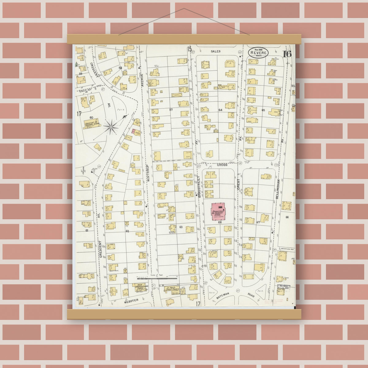 Old map wall art mockup — magnetic wood frame on brick wall — Sanborn Fire Insurance Map from Revere, Suffolk County, Massachusetts (1900), Sheet #0016