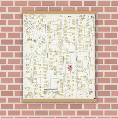 Old map wall art mockup — magnetic wood frame on brick wall — Sanborn Fire Insurance Map from Revere, Suffolk County, Massachusetts (1900), Sheet #0016