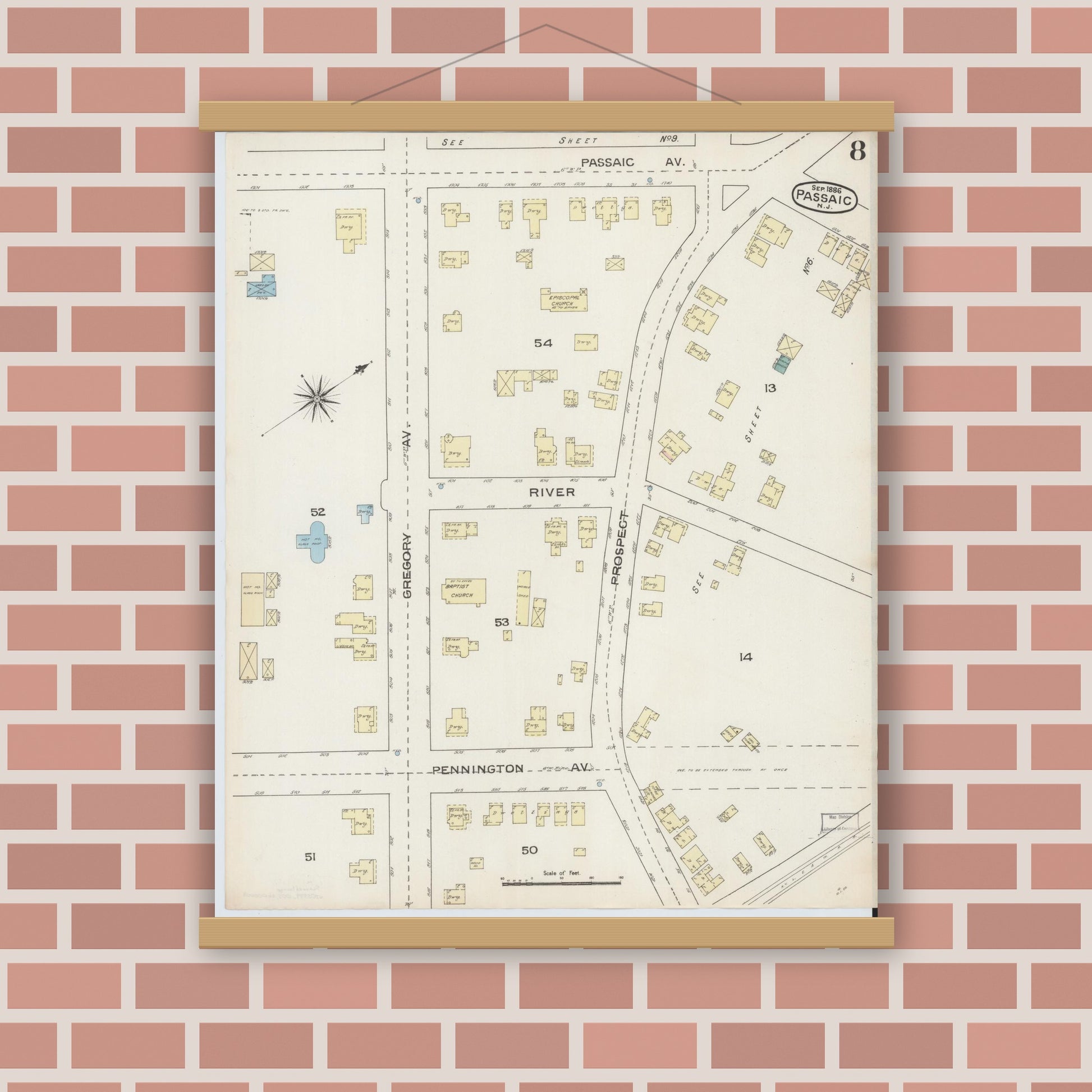 Old map wall art mockup — magnetic wood frame on brick wall — Sanborn Fire Insurance Map from Passaic, Passaic County, New Jersey (1886), Sheet #0007