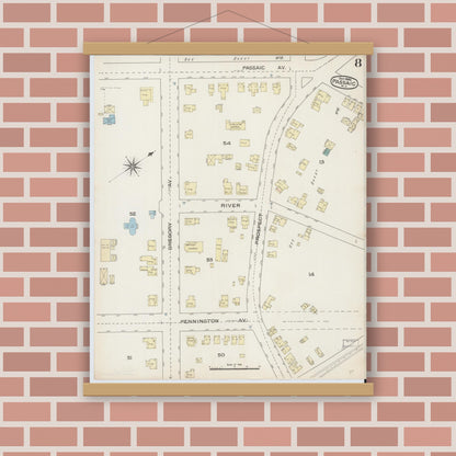 Old map wall art mockup — magnetic wood frame on brick wall — Sanborn Fire Insurance Map from Passaic, Passaic County, New Jersey (1886), Sheet #0007