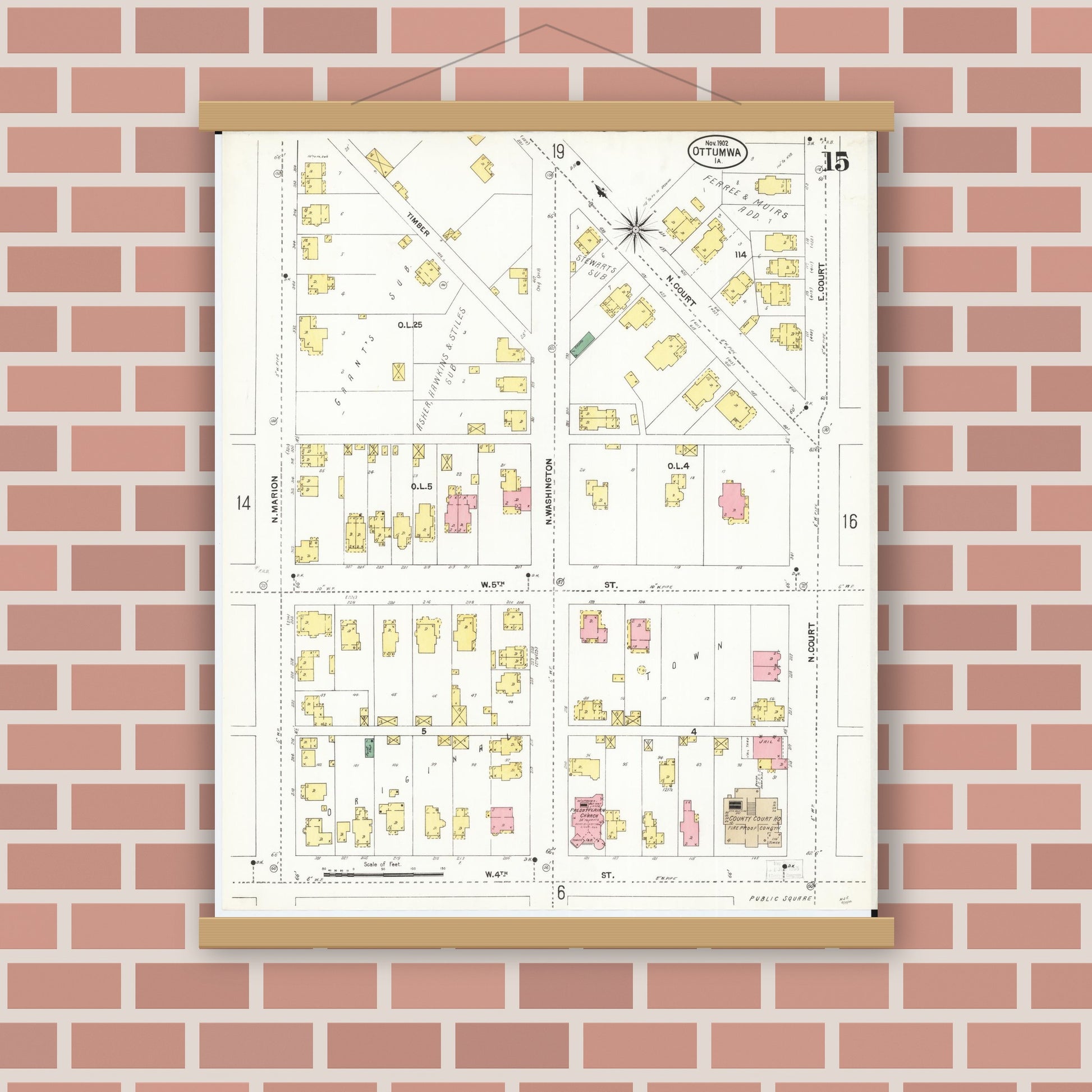 Old map wall art mockup — magnetic wood frame on brick wall — Sanborn Fire Insurance Map from Ottumwa, Wapello County, Iowa (1902), Sheet #0015