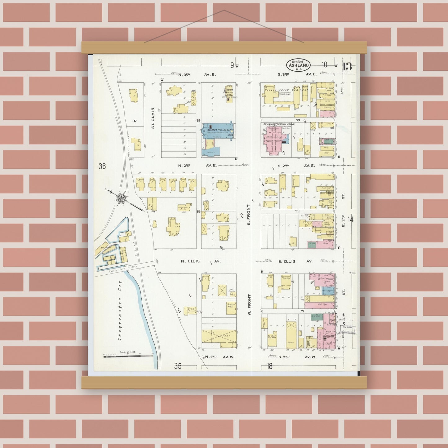Old map wall art mockup — magnetic wood frame on brick wall — Sanborn Fire Insurance Map from Ashland, Ashland County, Wisconsin (1909), Sheet #0013