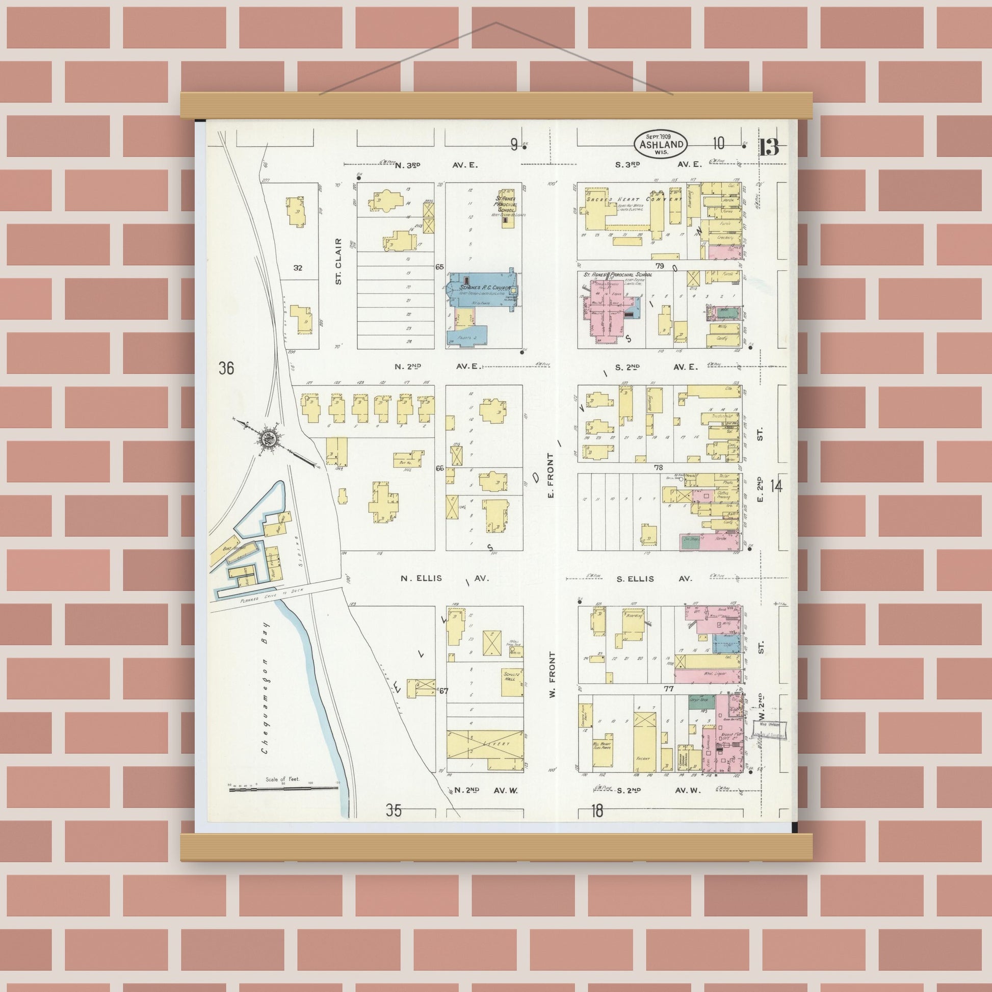 Old map wall art mockup — magnetic wood frame on brick wall — Sanborn Fire Insurance Map from Ashland, Ashland County, Wisconsin (1909), Sheet #0013