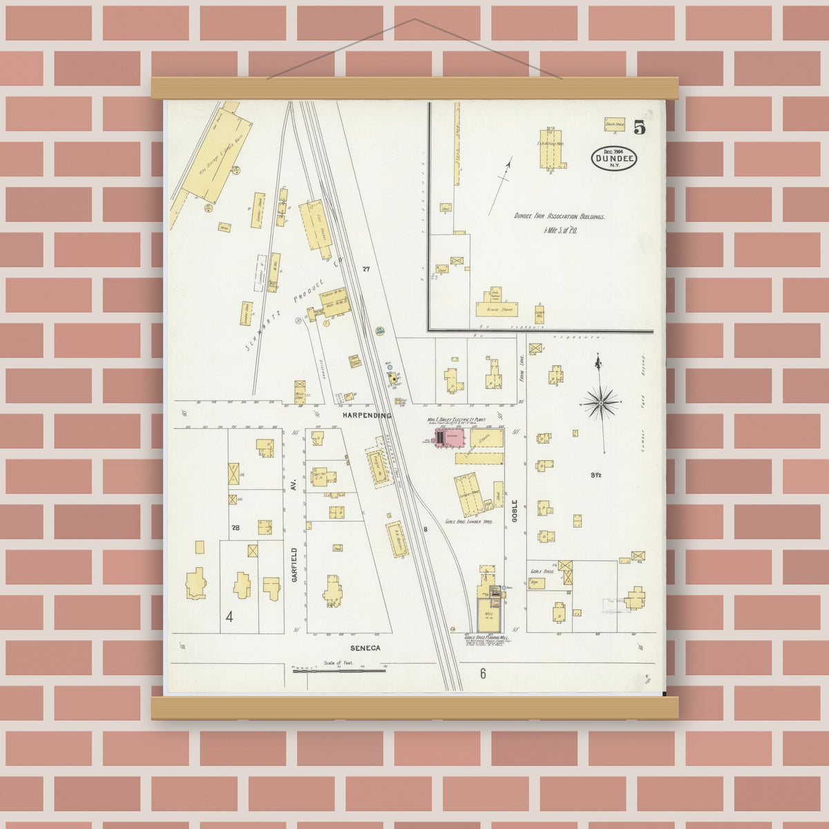 Old map wall art mockup — magnetic wood frame on brick wall — Sanborn Fire Insurance Map from Dundee, Yates County, New York (1904), Sheet #0005