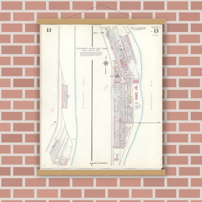 Old map wall art mockup — magnetic wood frame on brick wall — Sanborn Fire Insurance Map from Leechburg, Armstrong County, Pennsylvania (1943), Sheet #0013