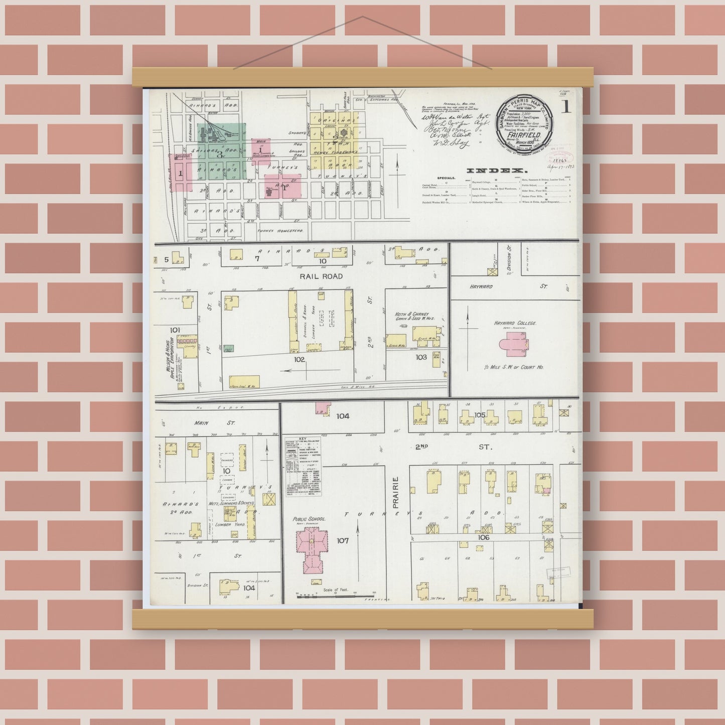 Old map wall art mockup — magnetic wood frame on brick wall — Sanborn Fire Insurance Map from Fairfield, Wayne County, Illinois (1893) - Complete Map Set
