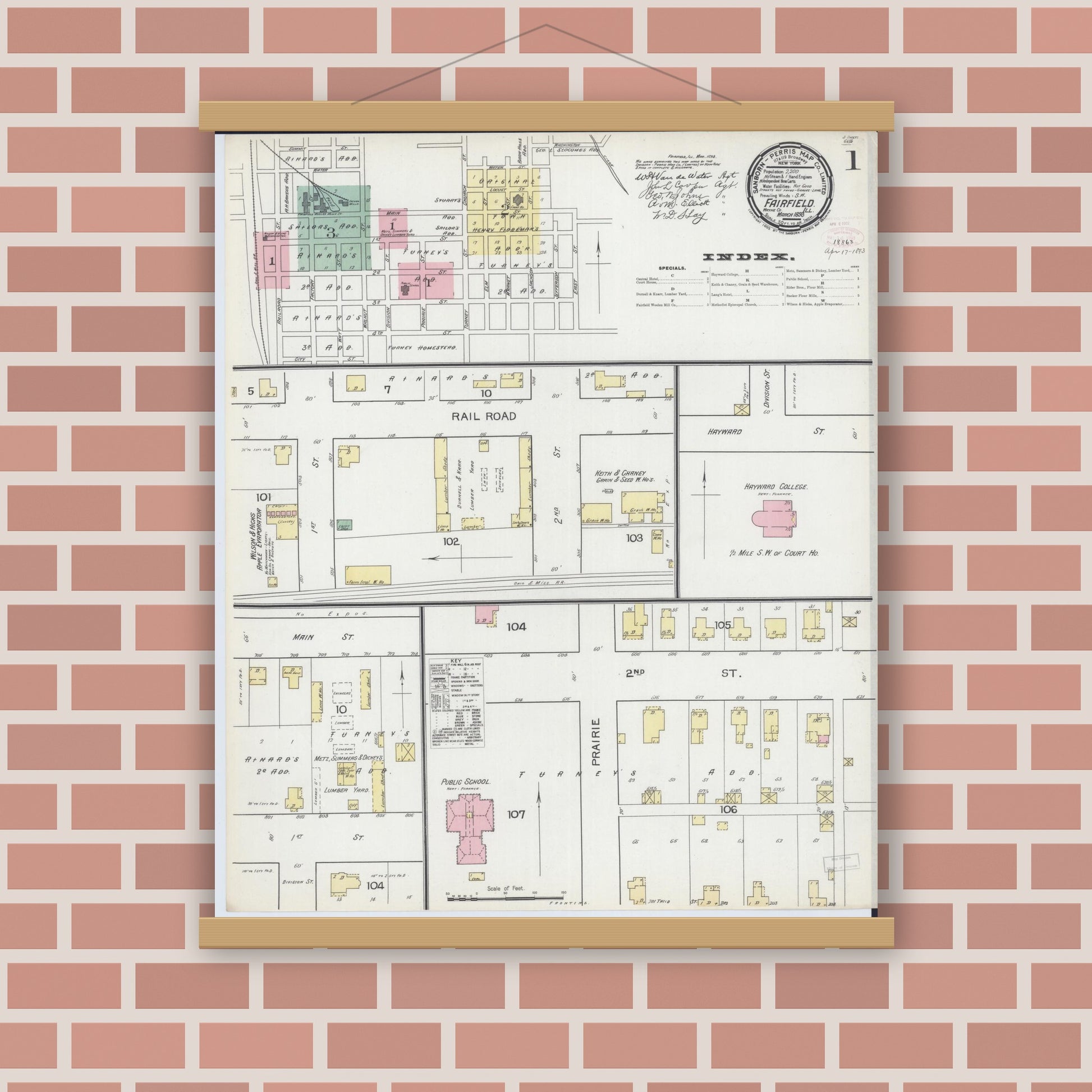 Old map wall art mockup — magnetic wood frame on brick wall — Sanborn Fire Insurance Map from Fairfield, Wayne County, Illinois (1893) - Complete Map Set