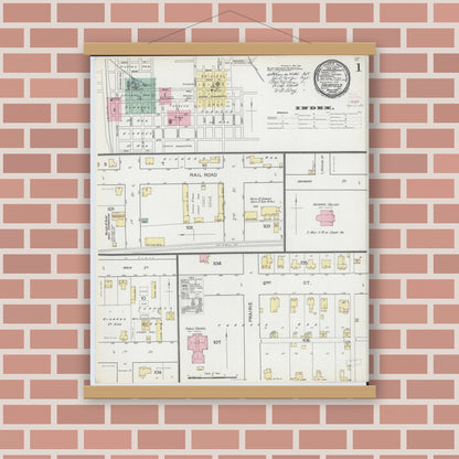 Old map wall art mockup — magnetic wood frame on brick wall — Sanborn Fire Insurance Map from Fairfield, Wayne County, Illinois (1893) - Complete Map Set