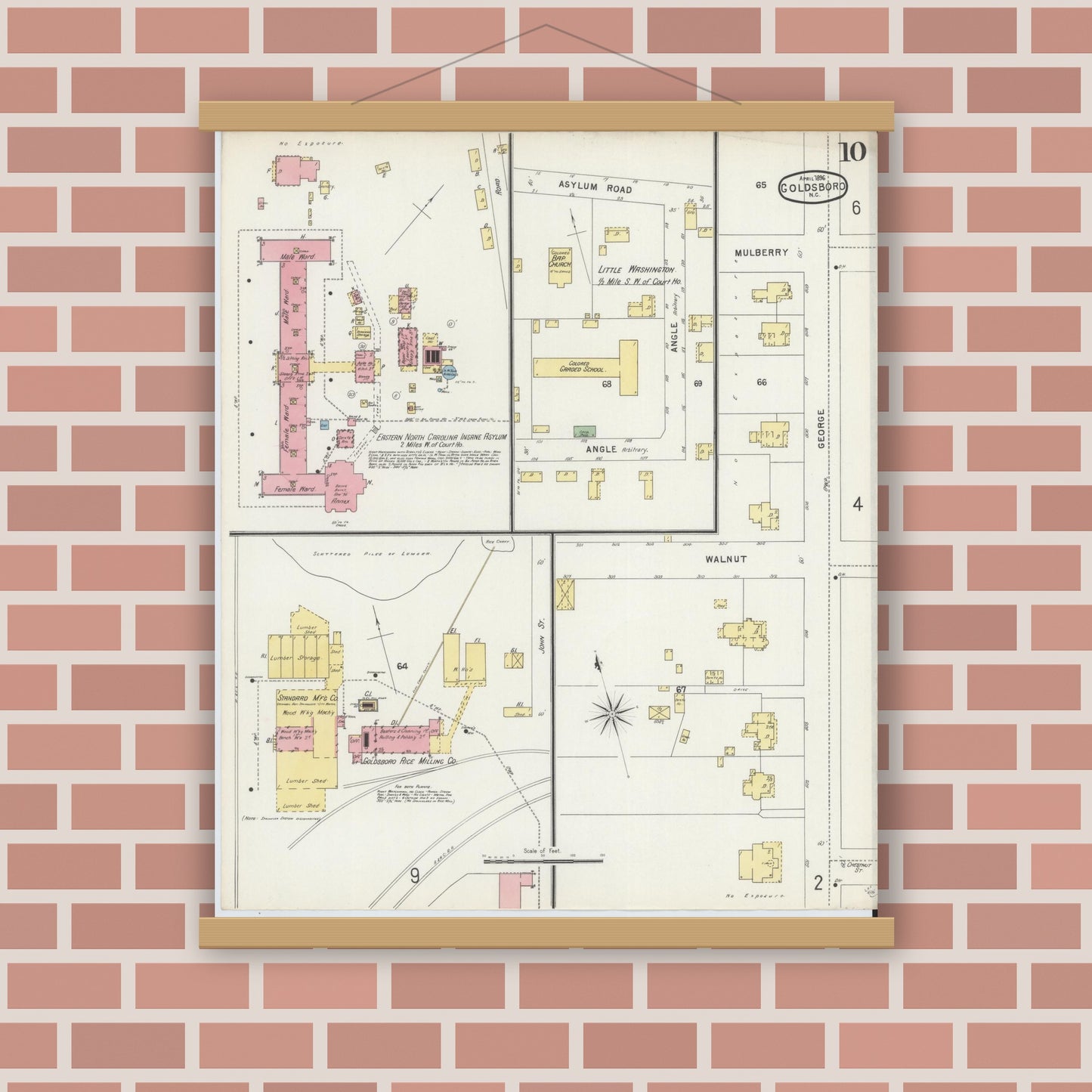 Old map wall art mockup — magnetic wood frame on brick wall — Sanborn Fire Insurance Map from Goldsboro, Wayne County, North Carolina (1896), Sheet #0010