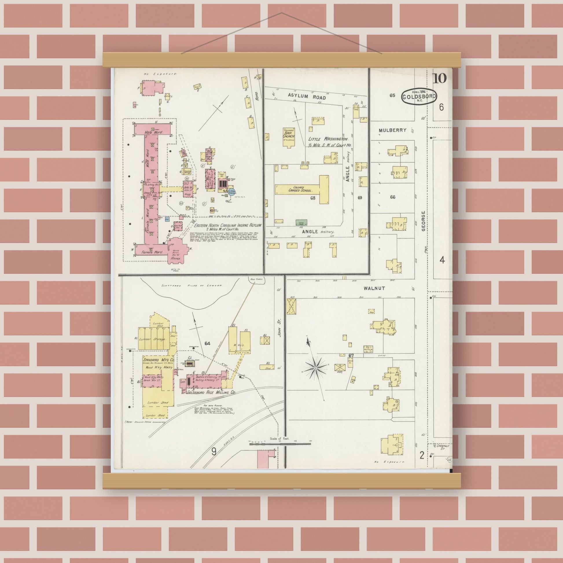 Old map wall art mockup — magnetic wood frame on brick wall — Sanborn Fire Insurance Map from Goldsboro, Wayne County, North Carolina (1896), Sheet #0010