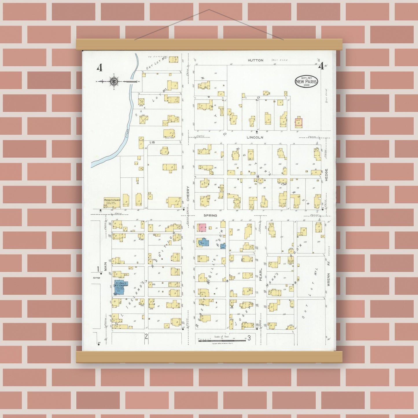 Old map wall art mockup — magnetic wood frame on brick wall — Sanborn Fire Insurance Map from New Paris, Preble County, Ohio (1927), Sheet #0004