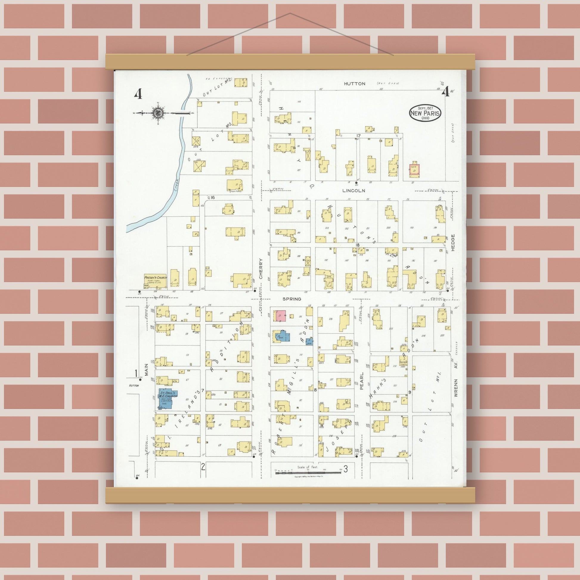 Old map wall art mockup — magnetic wood frame on brick wall — Sanborn Fire Insurance Map from New Paris, Preble County, Ohio (1927), Sheet #0004