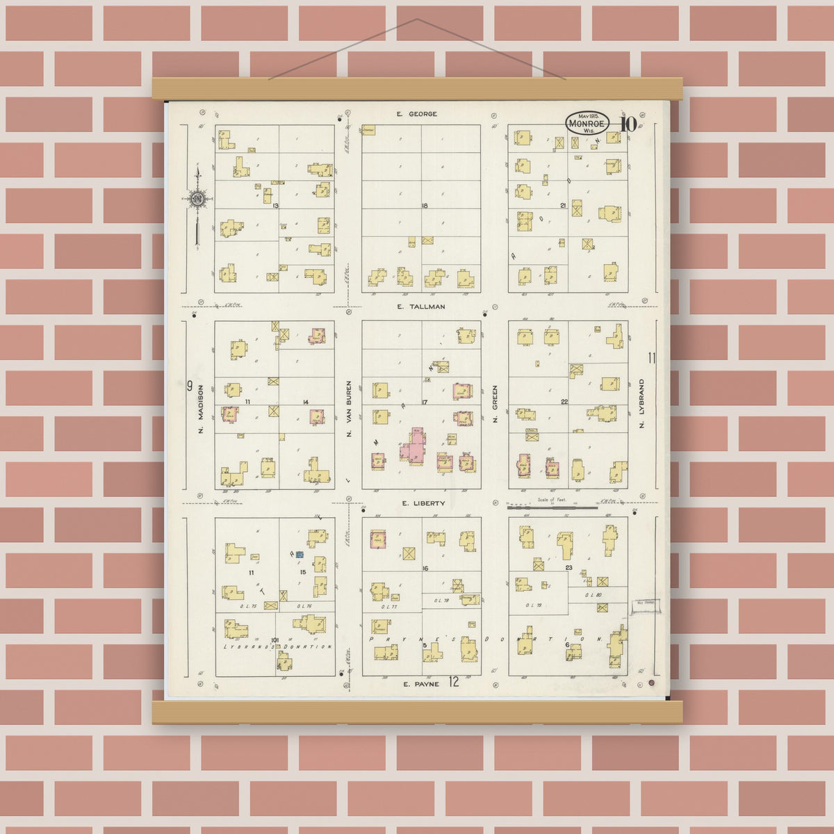 Old map wall art mockup — magnetic wood frame on brick wall — Sanborn Fire Insurance Map from Monroe, Green County, Wisconsin (1915), Sheet #0010