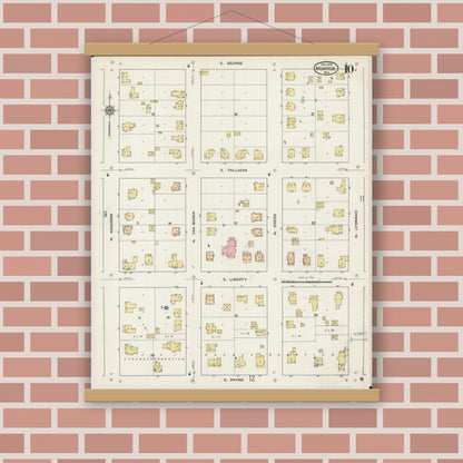 Old map wall art mockup — magnetic wood frame on brick wall — Sanborn Fire Insurance Map from Monroe, Green County, Wisconsin (1915), Sheet #0010