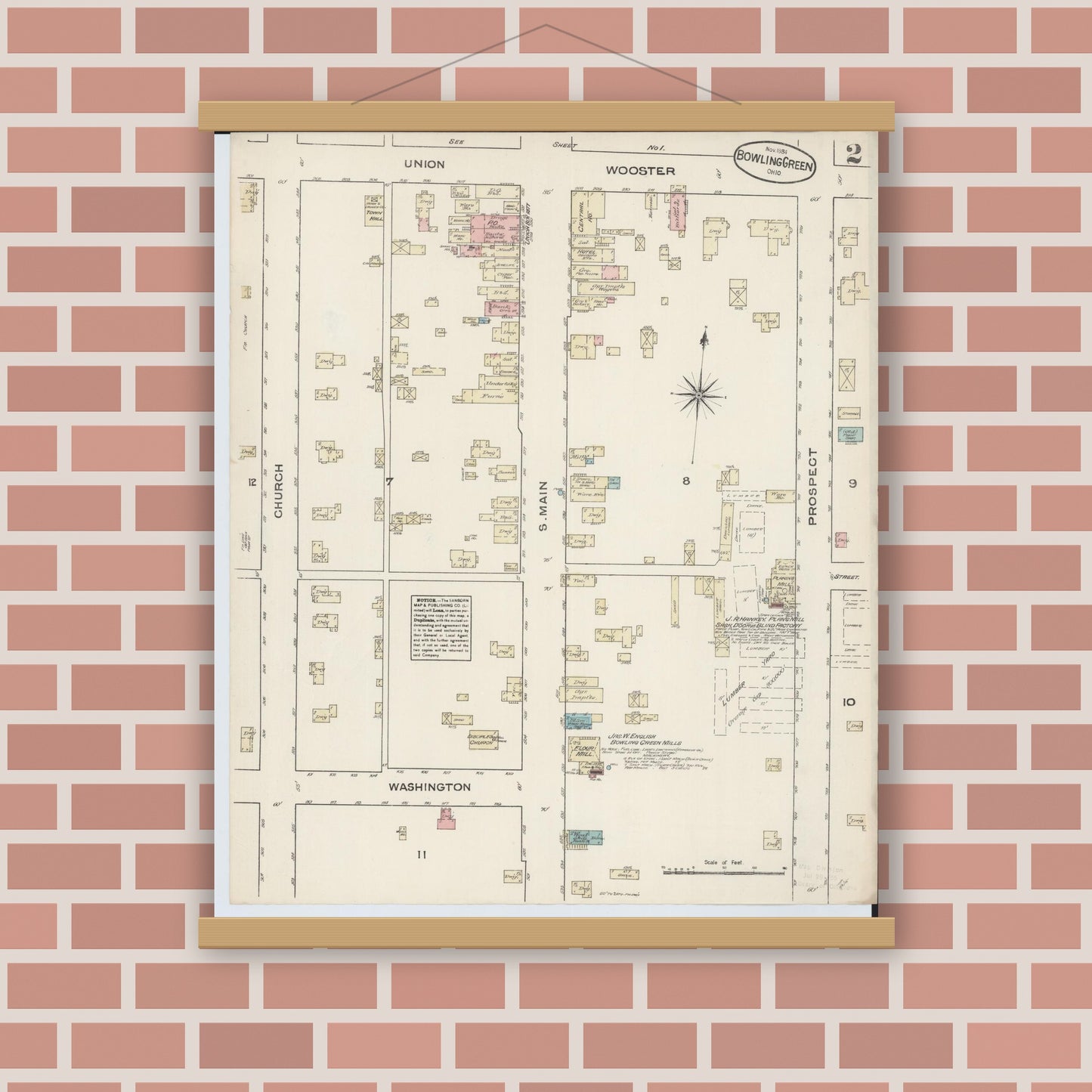 Old map wall art mockup — magnetic wood frame on brick wall — Sanborn Fire Insurance Map from Bowling Green, Wood County, Ohio (1884), Sheet #0002