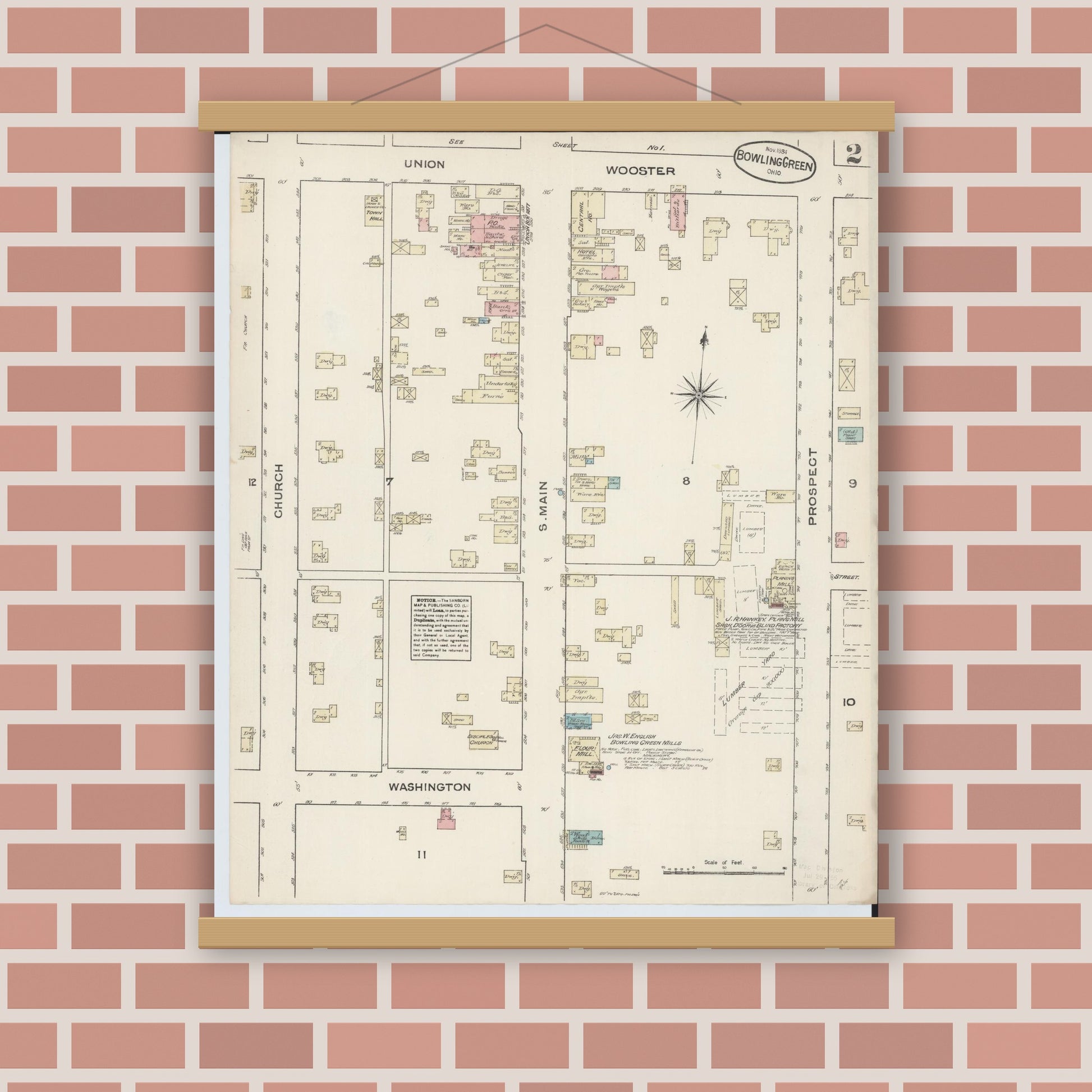 Old map wall art mockup — magnetic wood frame on brick wall — Sanborn Fire Insurance Map from Bowling Green, Wood County, Ohio (1884), Sheet #0002