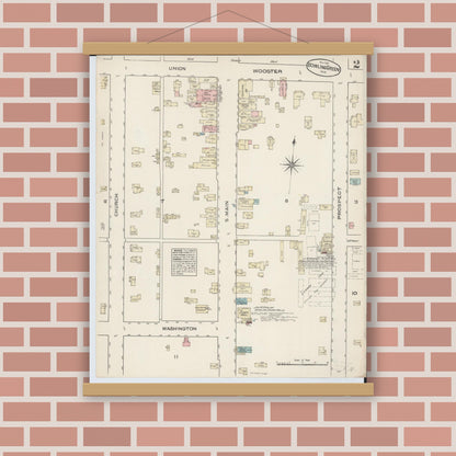Old map wall art mockup — magnetic wood frame on brick wall — Sanborn Fire Insurance Map from Bowling Green, Wood County, Ohio (1884), Sheet #0002