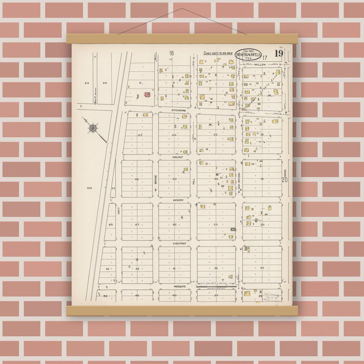 Old map wall art mockup — magnetic wood frame on brick wall — Sanborn Fire Insurance Map from New Braunfels, Comal County, Texas (1922), Sheet #0019