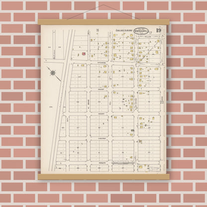 Old map wall art mockup — magnetic wood frame on brick wall — Sanborn Fire Insurance Map from New Braunfels, Comal County, Texas (1922), Sheet #0019