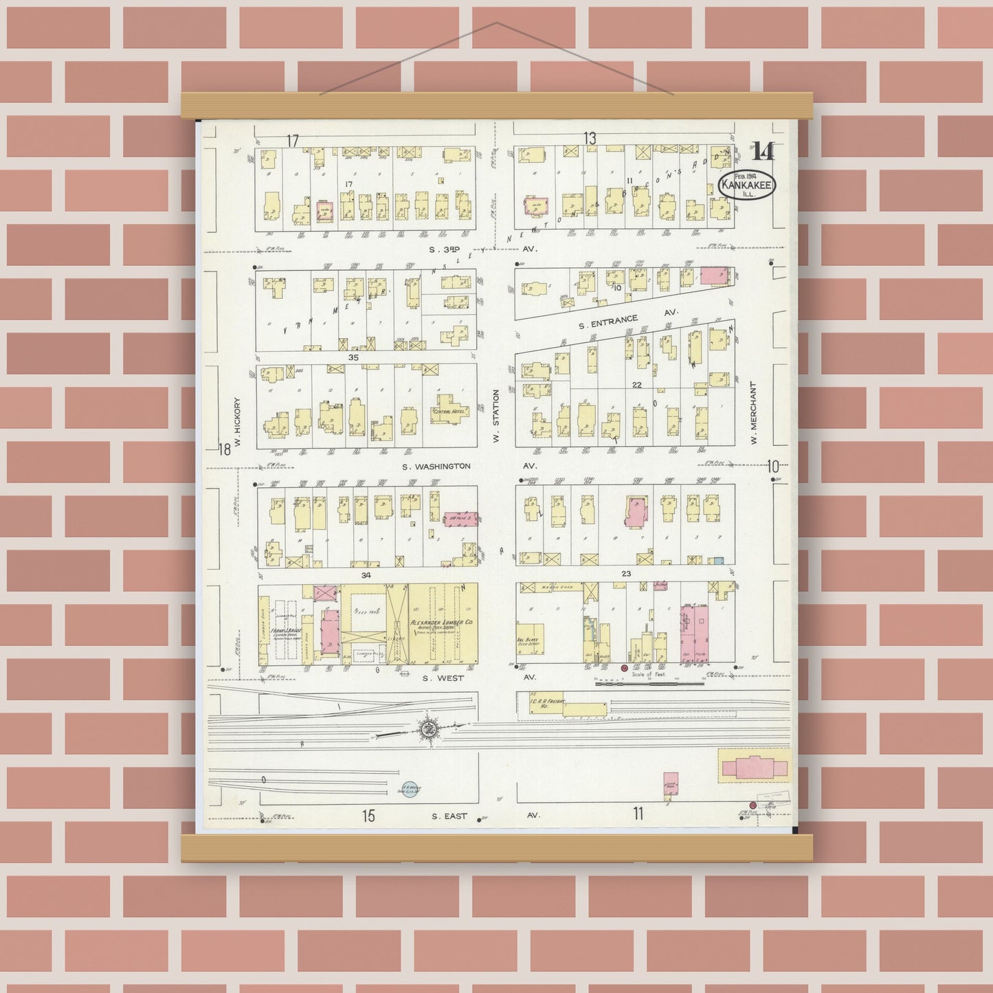 Old map wall art mockup — magnetic wood frame on brick wall — Sanborn Fire Insurance Map from Kankakee, Kankakee County, Illinois (1914), Sheet #0014