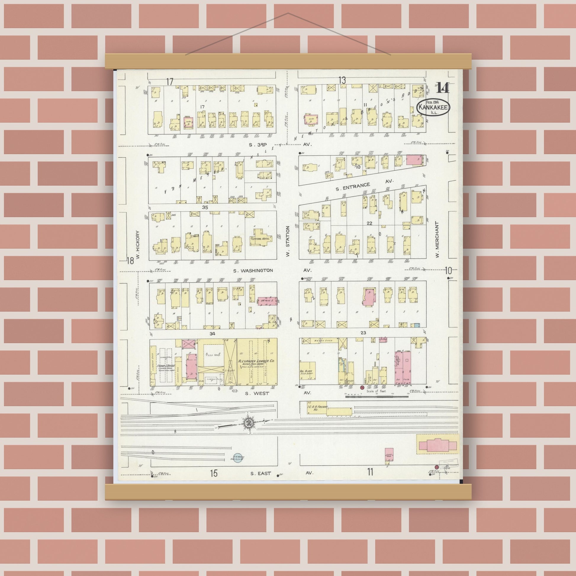 Old map wall art mockup — magnetic wood frame on brick wall — Sanborn Fire Insurance Map from Kankakee, Kankakee County, Illinois (1914), Sheet #0014