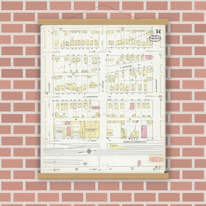 Old map wall art mockup — magnetic wood frame on brick wall — Sanborn Fire Insurance Map from Kankakee, Kankakee County, Illinois (1914), Sheet #0014
