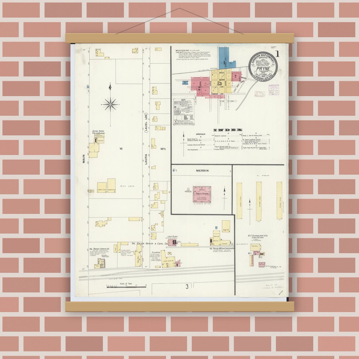 Old map wall art mockup — magnetic wood frame on brick wall — Sanborn Fire Insurance Map from Payne, Paulding County, Ohio (1907) - Complete Map Set
