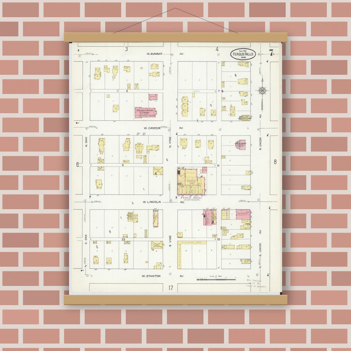 Old map wall art mockup — magnetic wood frame on brick wall — Sanborn Fire Insurance Map from Fergus Falls, Otter Tail County, Minnesota (1915), Sheet #0007