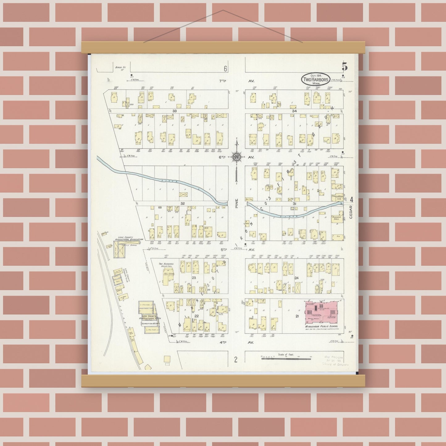 Old map wall art mockup — magnetic wood frame on brick wall — Sanborn Fire Insurance Map from Two Harbors, Lake County, Minnesota (1914), Sheet #0005