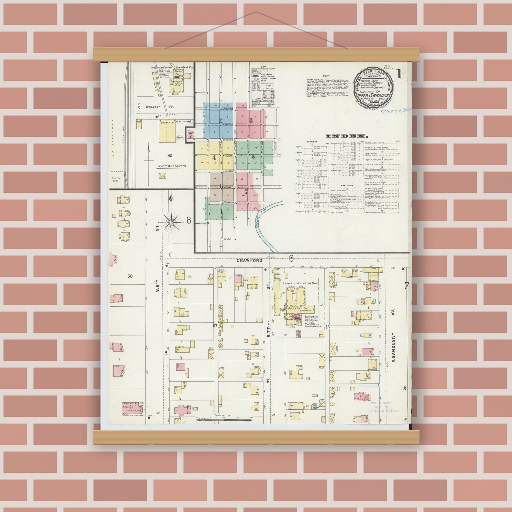 Old map wall art mockup — magnetic wood frame on brick wall — Sanborn Fire Insurance Map from Upper Sandusky, Wyandot County, Ohio (1897) - Complete Map Set