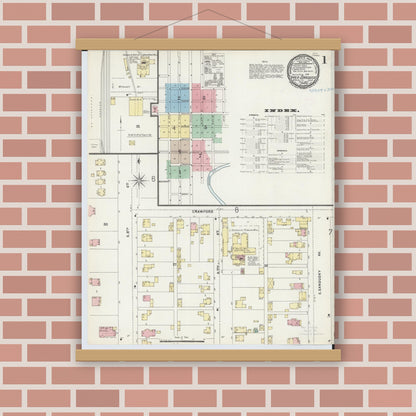Old map wall art mockup — magnetic wood frame on brick wall — Sanborn Fire Insurance Map from Upper Sandusky, Wyandot County, Ohio (1897) - Complete Map Set
