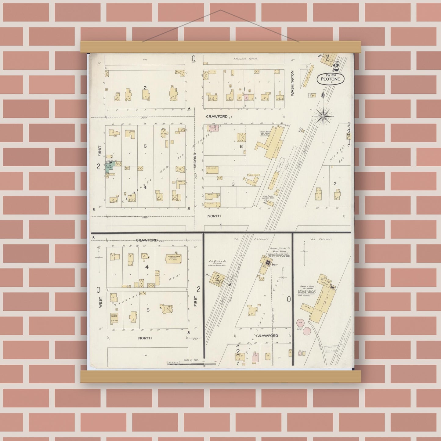 Old map wall art mockup — magnetic wood frame on brick wall — Sanborn Fire Insurance Map from Peotone, Will County, Illinois (1898), Sheet #0002