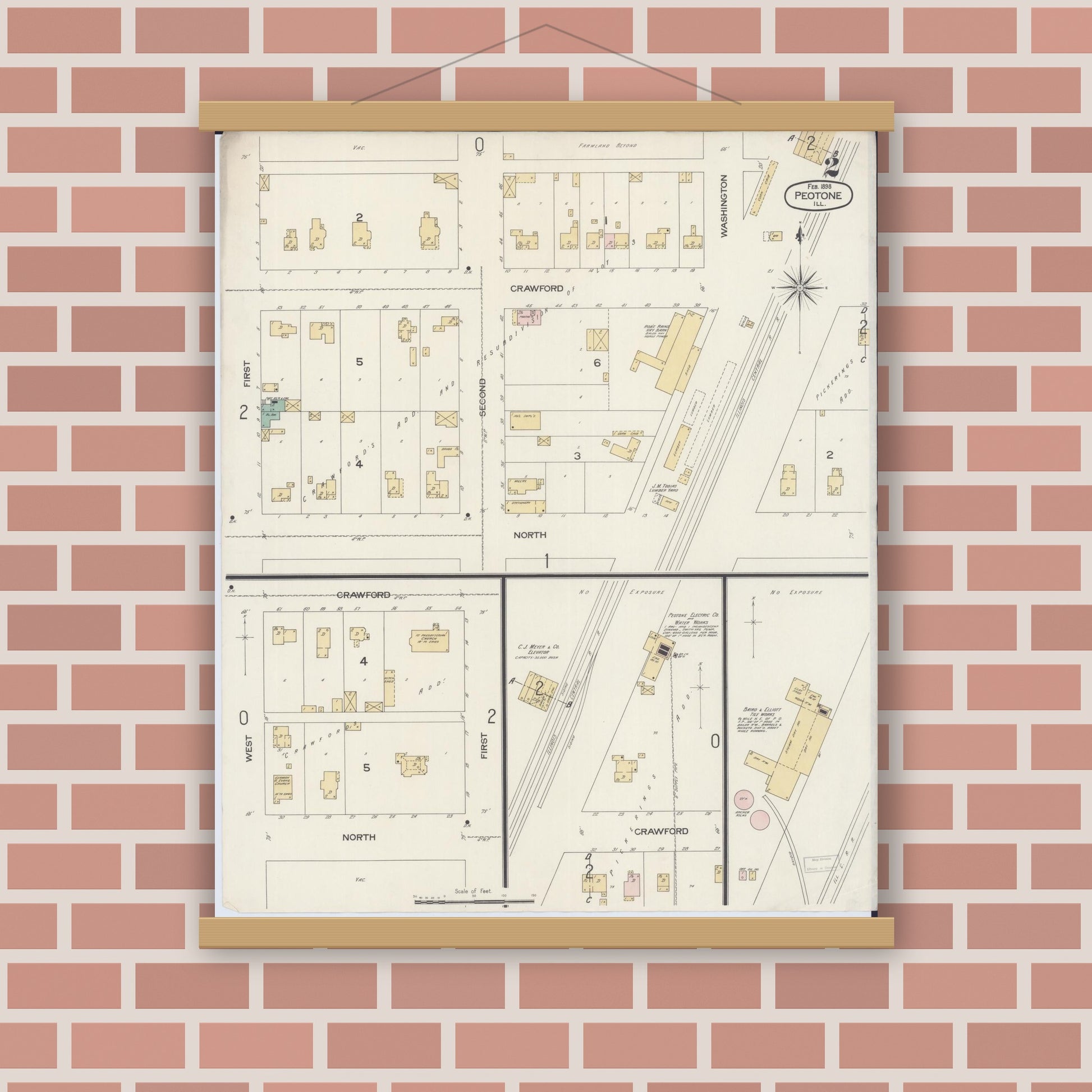 Old map wall art mockup — magnetic wood frame on brick wall — Sanborn Fire Insurance Map from Peotone, Will County, Illinois (1898), Sheet #0002