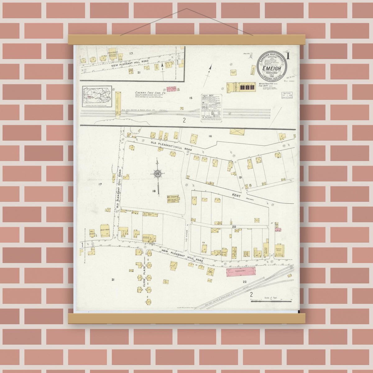 Old map wall art mockup — magnetic wood frame on brick wall — Sanborn Fire Insurance Map from Emeigh, Cambria County, Pennsylvania (1916), Sheet #0001