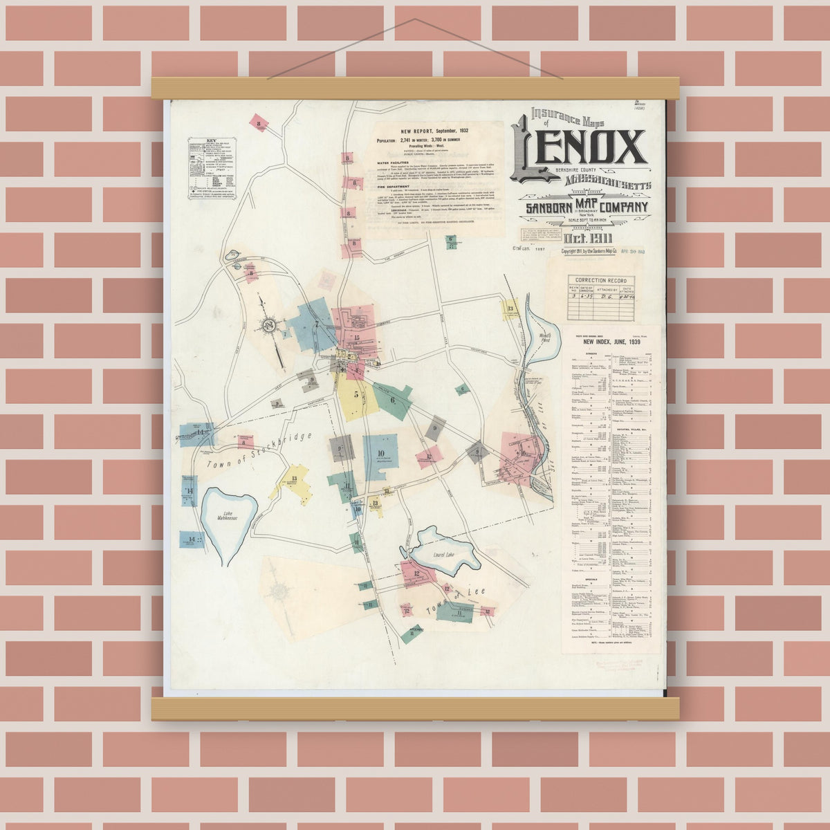 Old map wall art mockup — magnetic wood frame on brick wall — Sanborn Fire Insurance Map from Lenox, Berkshire County, Massachusetts (1939), Sheet #0001