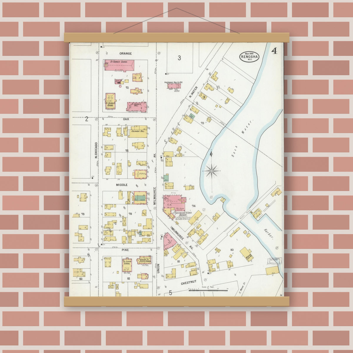 Old map wall art mockup — magnetic wood frame on brick wall — Sanborn Fire Insurance Map from Kenosha, Kenosha County, Wisconsin (1900), Sheet #0004