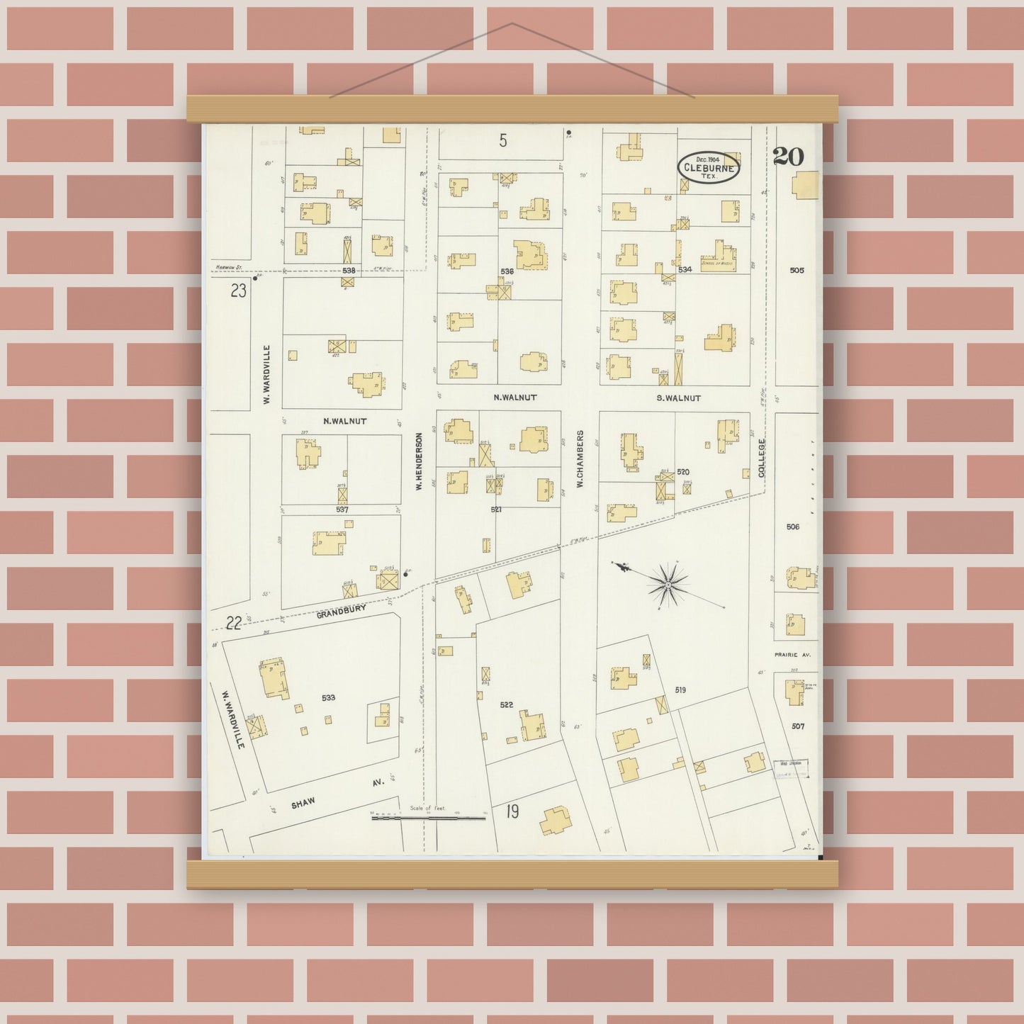 Old map wall art mockup — magnetic wood frame on brick wall — Sanborn Fire Insurance Map from Cleburne, Johnson County, Texas (1904), Sheet #0020
