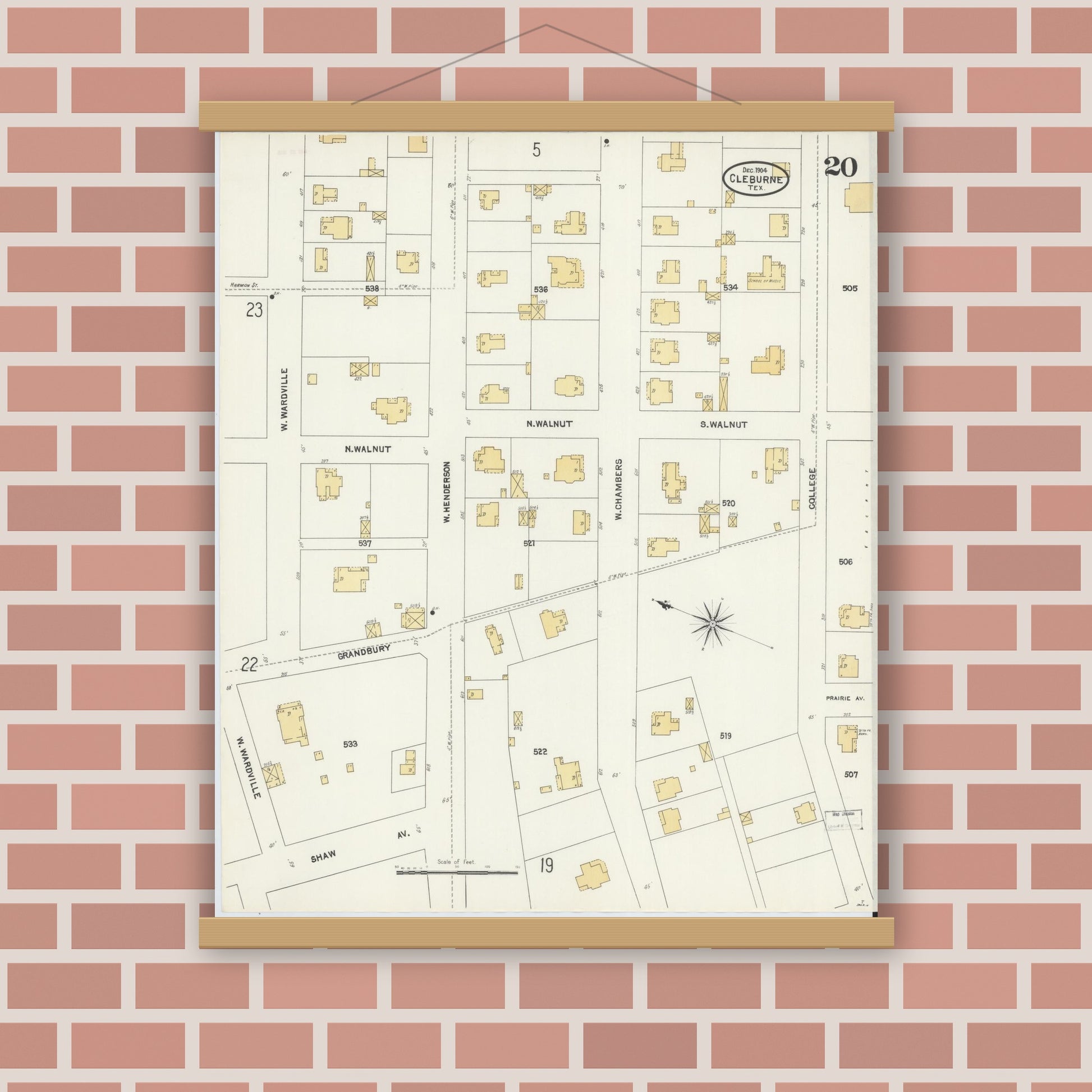Old map wall art mockup — magnetic wood frame on brick wall — Sanborn Fire Insurance Map from Cleburne, Johnson County, Texas (1904), Sheet #0020