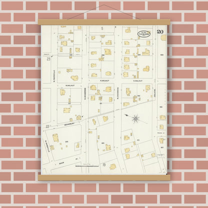 Old map wall art mockup — magnetic wood frame on brick wall — Sanborn Fire Insurance Map from Cleburne, Johnson County, Texas (1904), Sheet #0020
