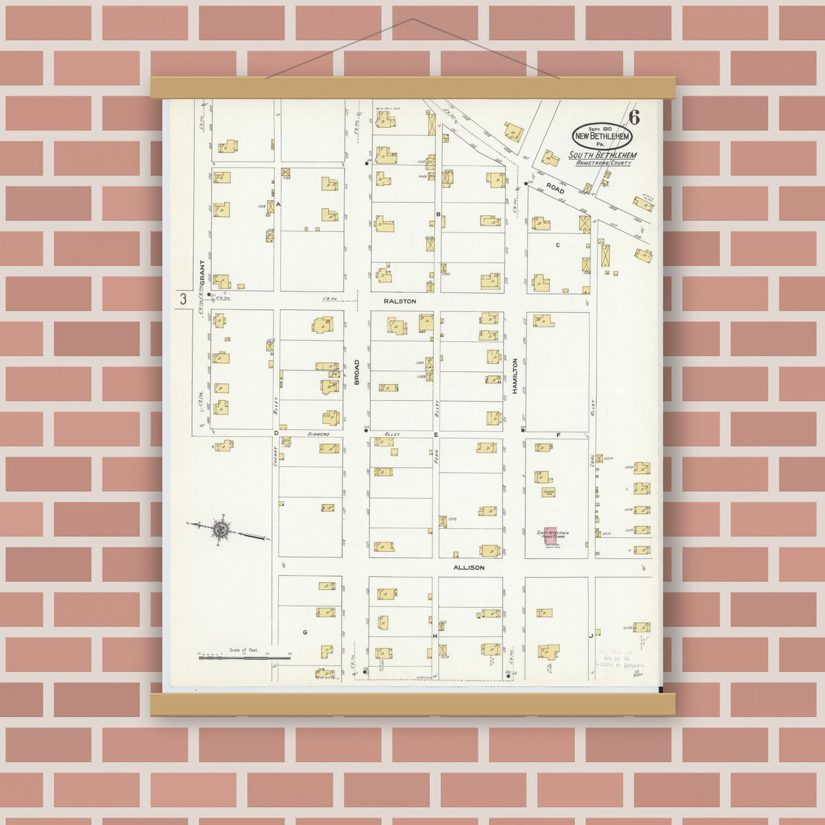 Old map wall art mockup — magnetic wood frame on brick wall — Sanborn Fire Insurance Map from New Bethlehem, Clarion County, Pennsylvania (1910), Sheet #0006