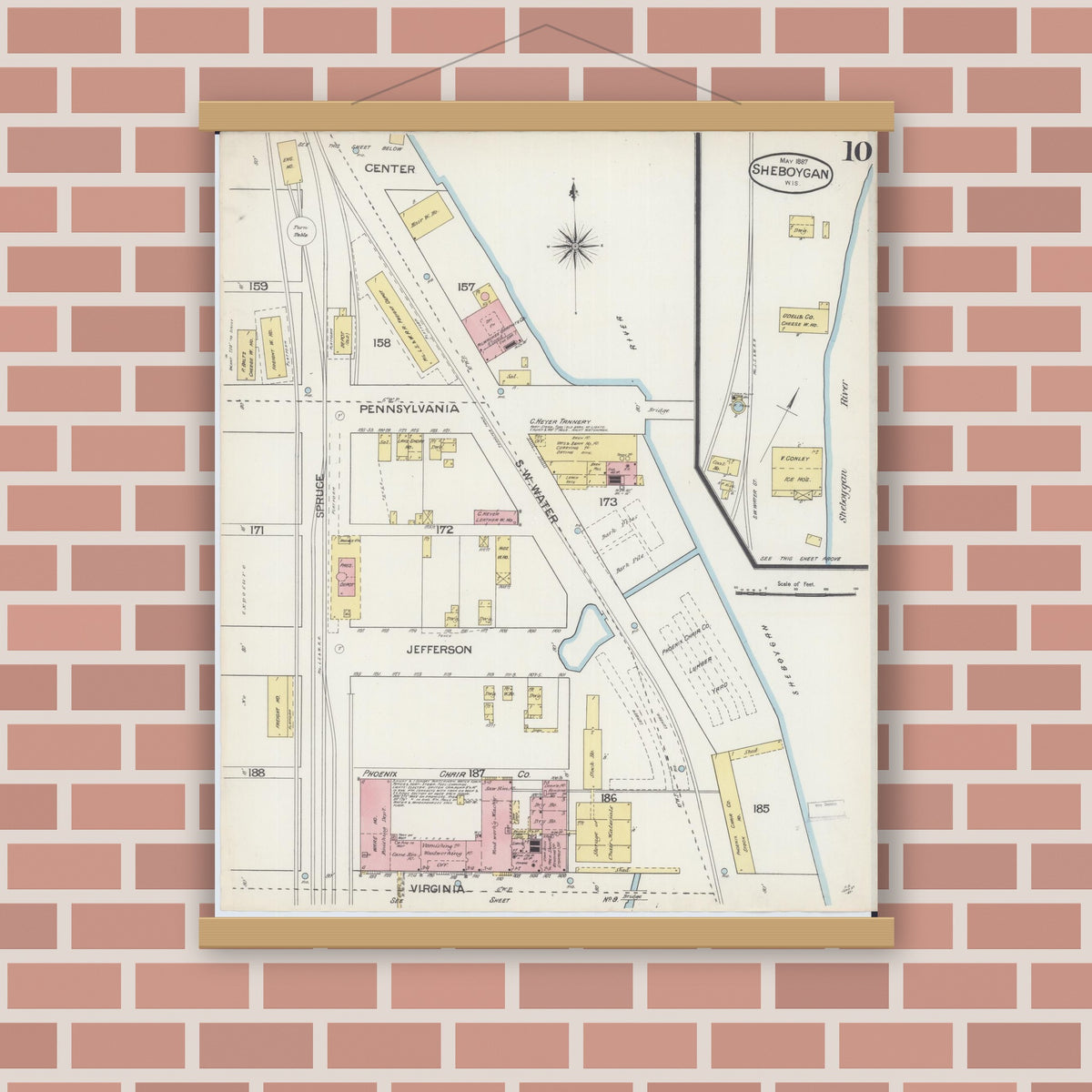 Old map wall art mockup — magnetic wood frame on brick wall — Sanborn Fire Insurance Map from Sheboygan, Sheboygan County, Wisconsin (1887), Sheet #0010