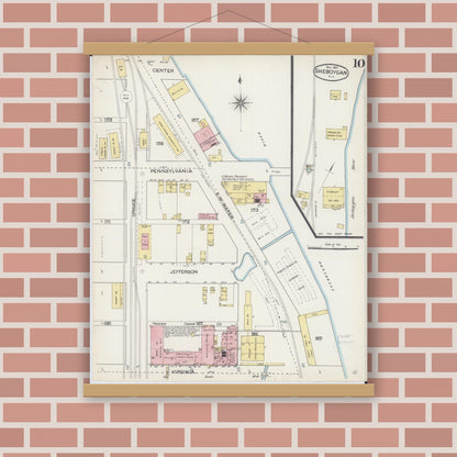 Old map wall art mockup — magnetic wood frame on brick wall — Sanborn Fire Insurance Map from Sheboygan, Sheboygan County, Wisconsin (1887), Sheet #0010