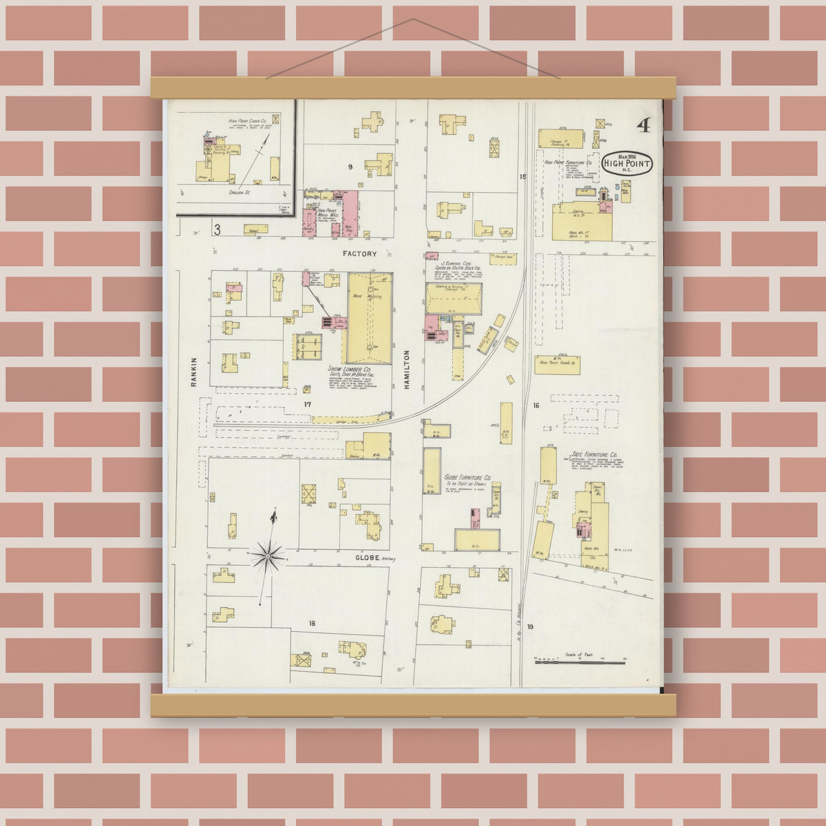 Old map wall art mockup — magnetic wood frame on brick wall — Sanborn Fire Insurance Map from High Point, Guilford County, North Carolina (1896), Sheet #0004